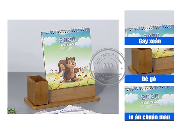 Lịch để bàn đế gỗ kèm ống cắm bút Tết 2020 10 Lịch Tết 2020