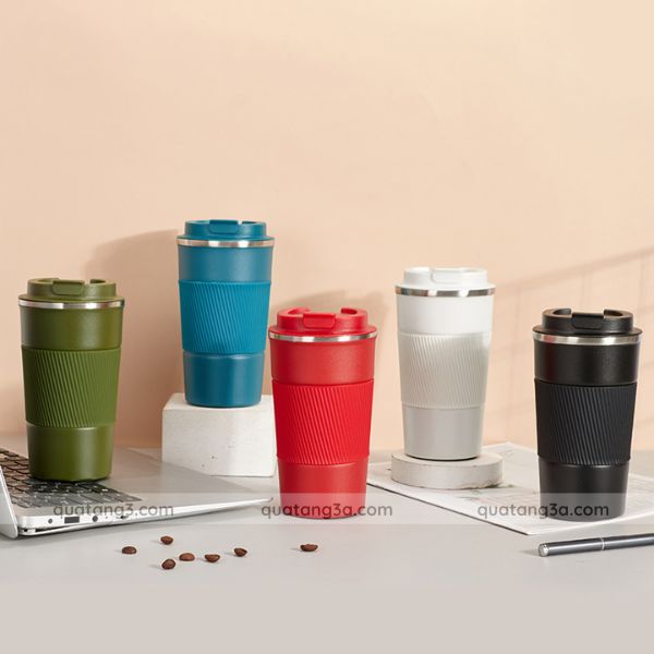 Cốc giữ nhiệt inox 304 nắp bật có đai silicon chống trượt | Cốc in logo quà tặng