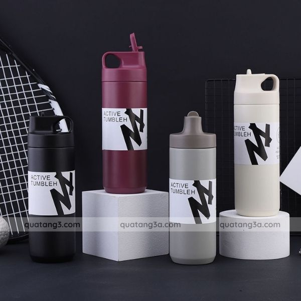 Bình nước thể thao inox 304 kèm nắp và ống hút in logo theo yêu cầu