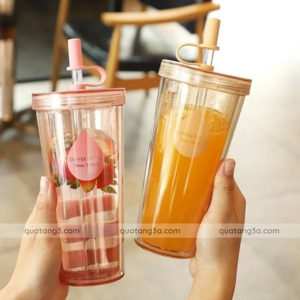 Cốc nhựa 2 lớp kèm nắp và ống hút | Cốc in logo